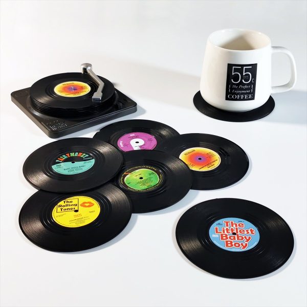 6x Creative Vinyl Record Cup Coasters w Holder Glass Drink Tableware Home Décor, A w/ Record Player Holder