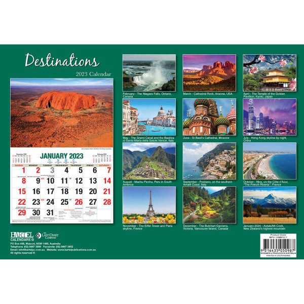 Destinations â€“ 2023 Rectangle Wall Calendar 16 Months Planner New Year Gift