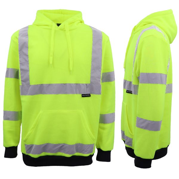 HI VIS Hooded Safety Jumper Hoodie Sweatshirt Tradie Workwear Fleece Jacket Coat, Fluro Yellow – XS