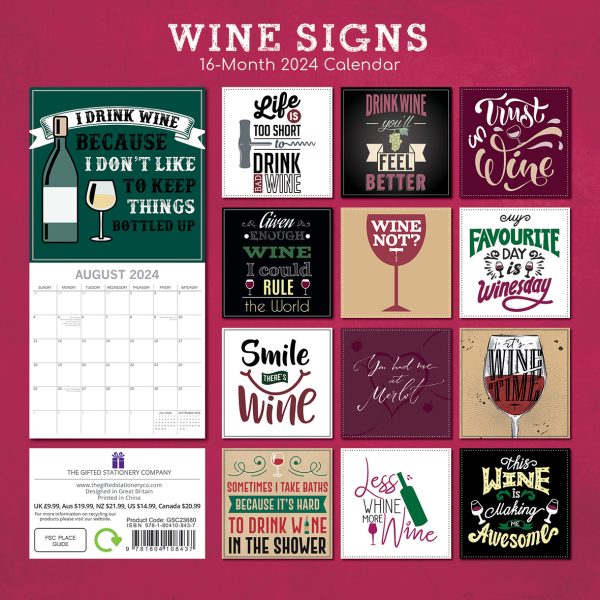 Wine Signs – 2024 Square Wall Calendar 16 Months Planner Christmas New Year Gift