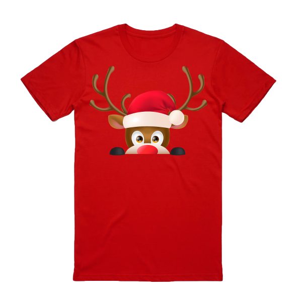 100% Cotton Christmas T-shirt Adult Unisex Tee Tops Funny Santa Party Custume, Reindeer Head (Red) – S