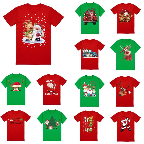 100% Cotton Christmas T-shirt Adult Unisex Tee Tops Funny Santa Party Custume, Car with Reindeer (Green) – S