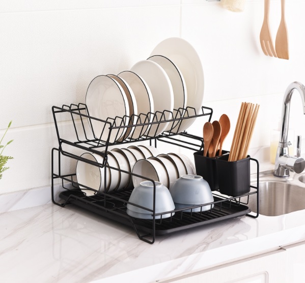 2 Tier Dish Drainer with Cutlery Holder Black