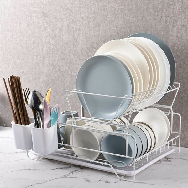 2 Tier Dish Drainer with Cutlery Holder White