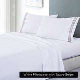 soft microfibre embroidered stripe sheet set king single white sheet taupe stripe