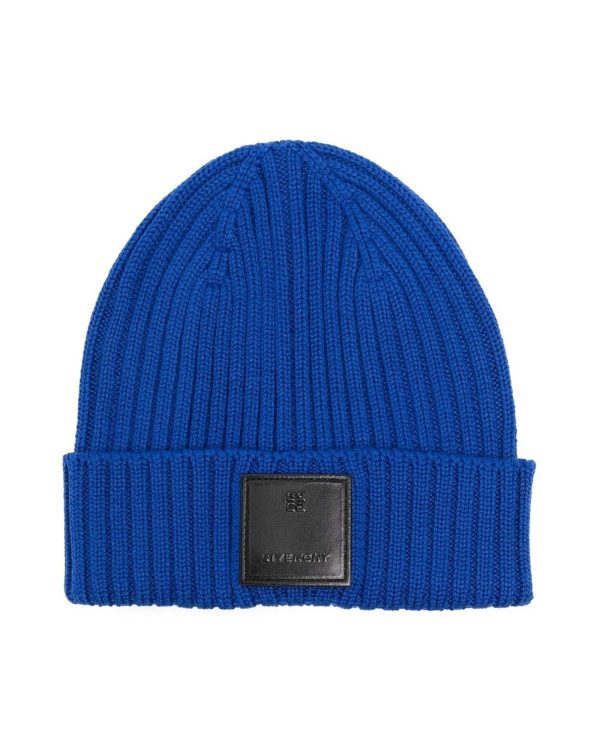 Authentic Givenchy Blue Wool Beanie Cap with Leather Logo Tag One Size Men