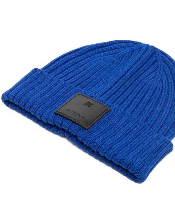 Authentic Givenchy Blue Wool Beanie Cap with Leather Logo Tag One Size Men