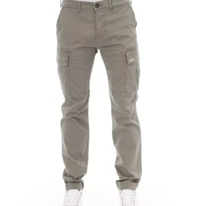 Solid Color Cargo Trousers with Front Zipper and Button Closure Men