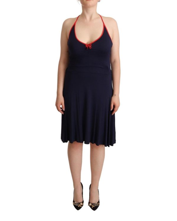 Navy Blue Cotton Halter String Closure Midi Dress 44 IT Women