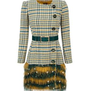 Elisabetta Franchi Tartan Texture Dress with Front Buttons and Ecoleather Belt 40 IT Women