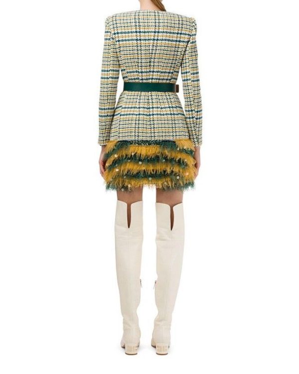 Elisabetta Franchi Tartan Texture Dress with Front Buttons and Ecoleather Belt 40 IT Women