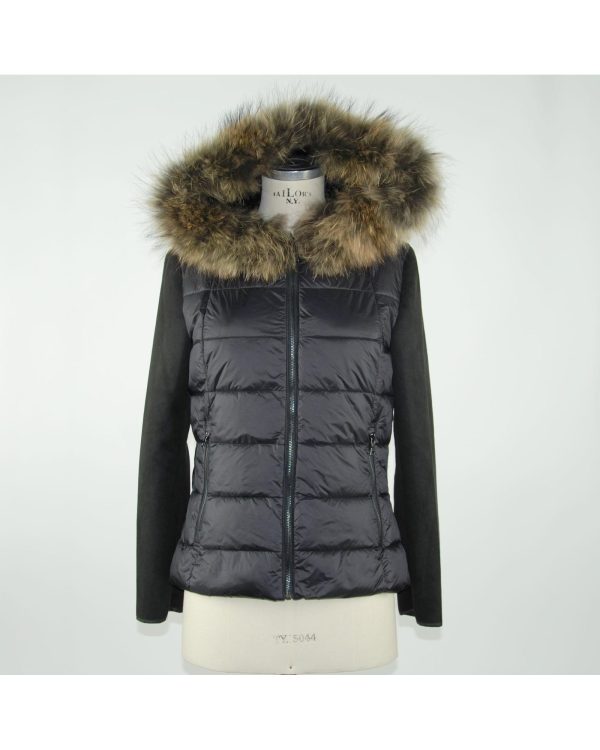 Black Fur-Trimmed Down Jacket 46 IT Women