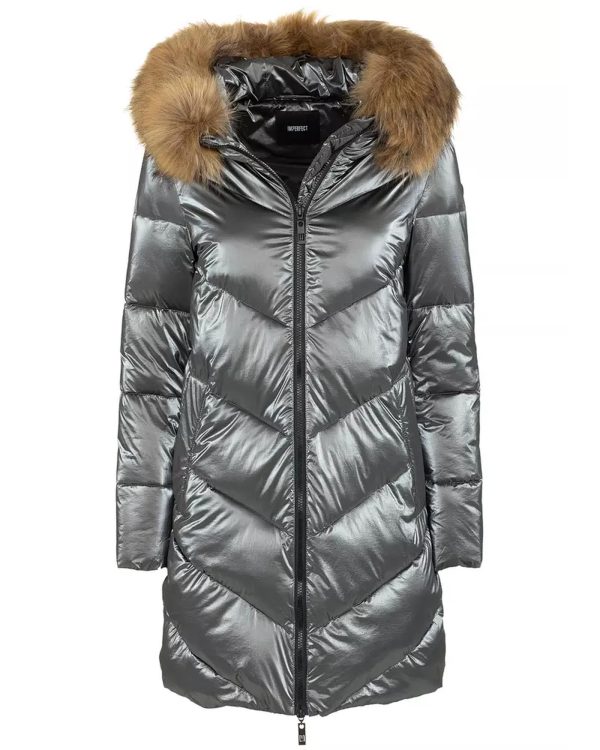 Long Down Jacket with Hood and Eco-Fur S Women