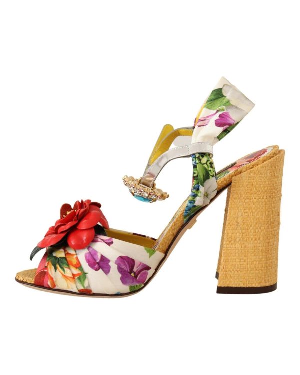 Dolce & Gabbana Block High Heel Sandals with Crystal Embellishments and Floral Appliques 38 EU Women