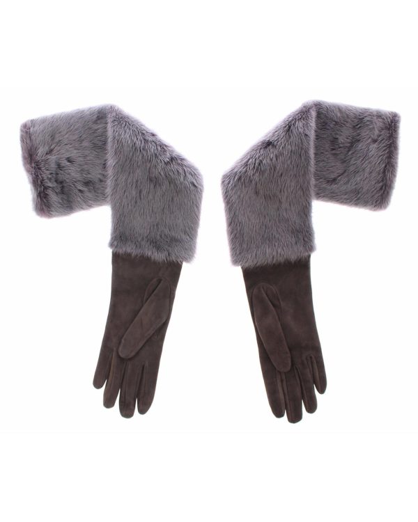 Gray Mink Fur and Lamb Leather Suede Elbow Gloves 7.5 Women