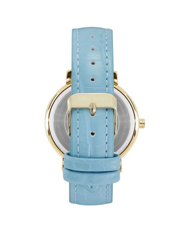 Gold Rhinestone Fashion Watch with Blue Leatherette Strap One Size Women