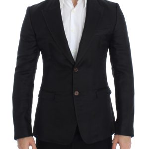 Black Silk and Linen Blend Two Button Slim Fit Blazer Jacket 48 IT Men