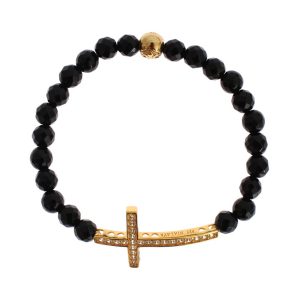 NIALAYA Gold Plated Sterling Silver Bracelet with Agate Stone and CZ Diamond Cross Women