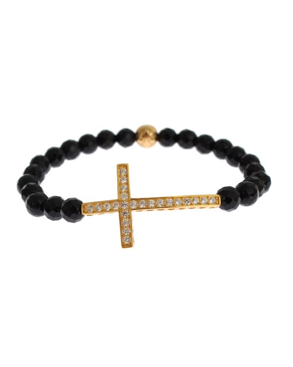 NIALAYA Gold Plated Sterling Silver Bracelet with Agate Stone and CZ Diamond Cross Women – M