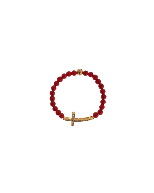 Authentic NIALAYA Gold Plated Silver Bracelet with Red Coral Beads and CZ Diamond Cross Women – M