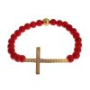 Authentic NIALAYA Gold Plated Silver Bracelet with Red Coral Beads and CZ Diamond Cross Women – M