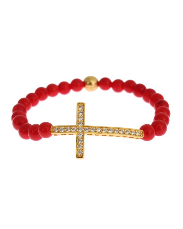 Authentic NIALAYA Gold Plated Silver Bracelet with Red Coral Beads and CZ Diamond Cross Women – M