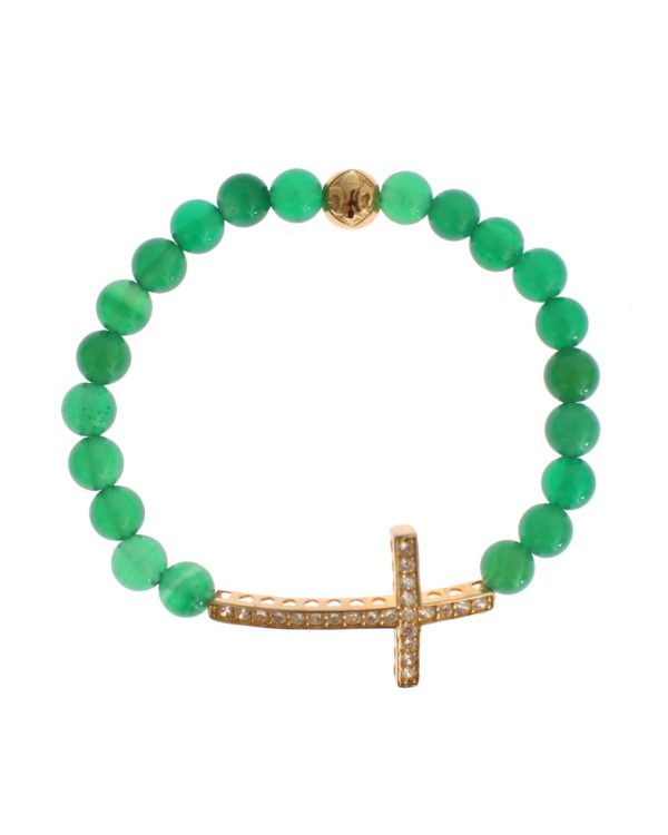 NIALAYA Green Jade Bead Bracelet with CZ Diamond Cross Women – XS