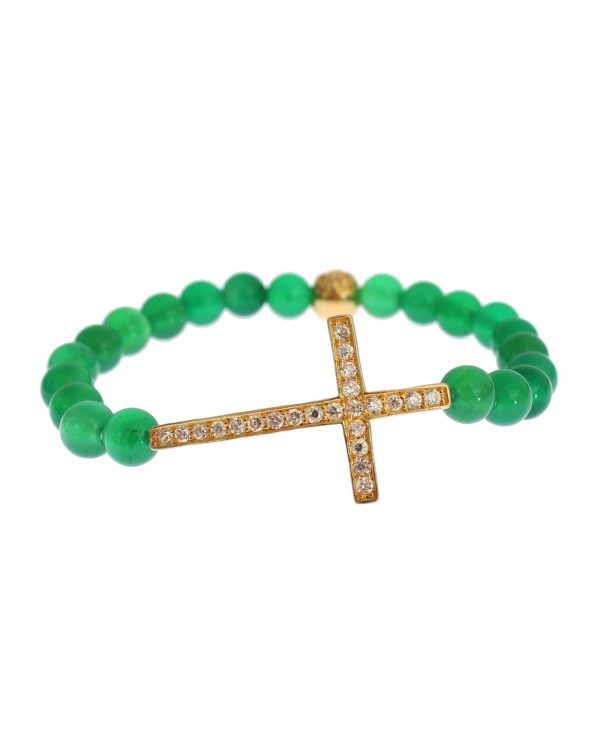 NIALAYA Green Jade Bead Bracelet with CZ Diamond Cross Women – XS