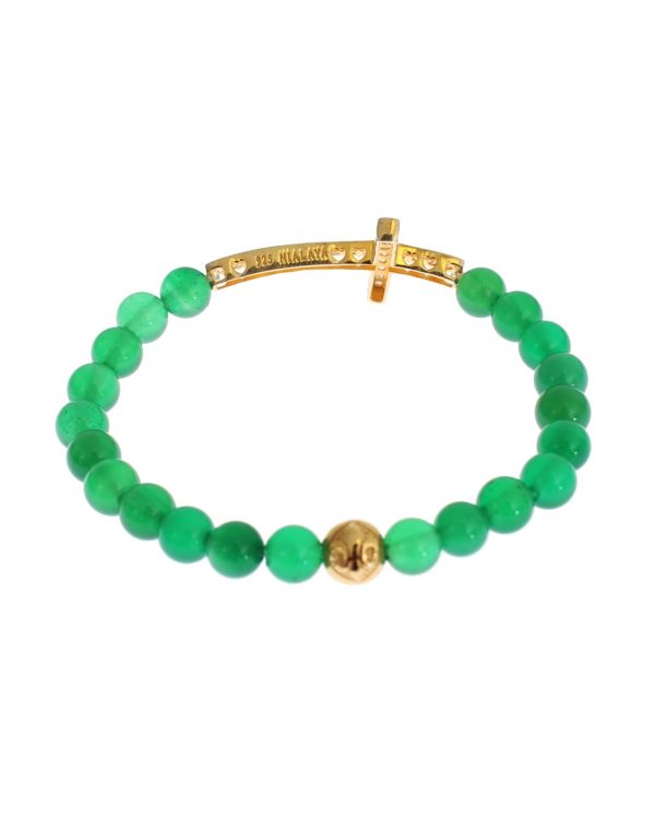 NIALAYA Green Jade Bead Bracelet with CZ Diamond Cross Women – XS