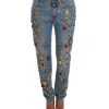 Blue Wash Crystal Heart Roses Embellished Enchanted Sicily Boyfriend Fit Jeans Women – 36 IT