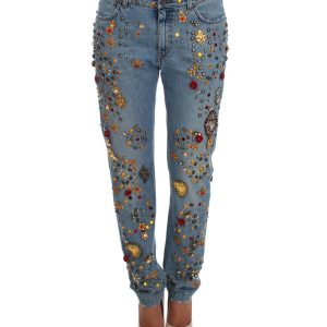 Blue Wash Crystal Heart Roses Embellished Enchanted Sicily Boyfriend Fit Jeans Women