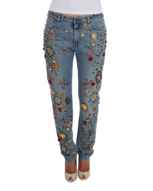 Blue Wash Crystal Heart Roses Embellished Enchanted Sicily Boyfriend Fit Jeans Women – 36 IT