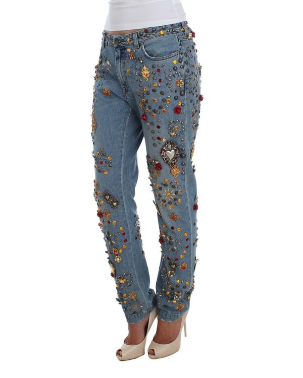 Blue Wash Crystal Heart Roses Embellished Enchanted Sicily Boyfriend Fit Jeans Women – 36 IT