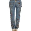 Blue Wash Crystal Heart Roses Embellished Enchanted Sicily Boyfriend Fit Jeans Women – 36 IT