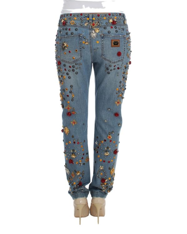 Blue Wash Crystal Heart Roses Embellished Enchanted Sicily Boyfriend Fit Jeans Women – 36 IT