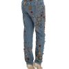 Blue Wash Crystal Heart Roses Embellished Enchanted Sicily Boyfriend Fit Jeans Women – 36 IT