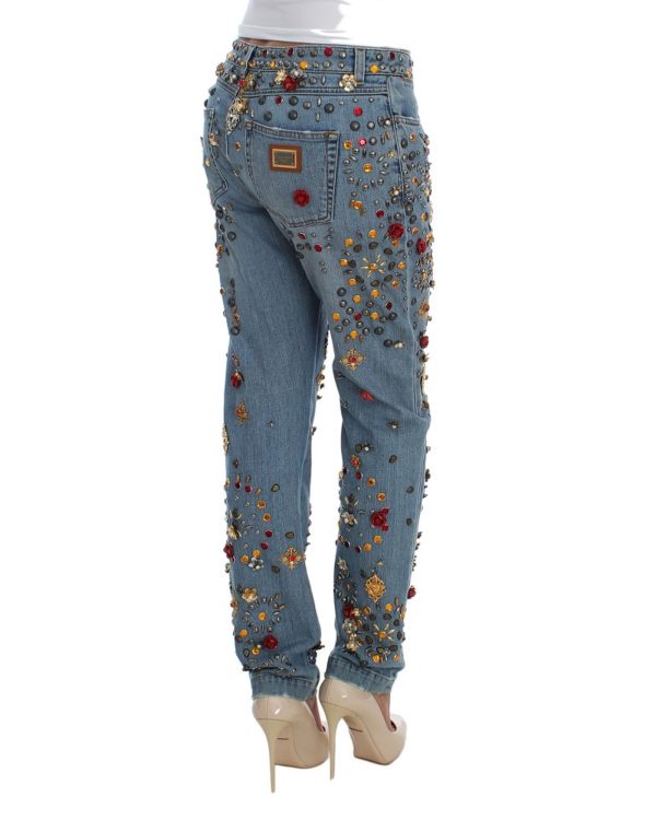 Blue Wash Crystal Heart Roses Embellished Enchanted Sicily Boyfriend Fit Jeans Women – 36 IT