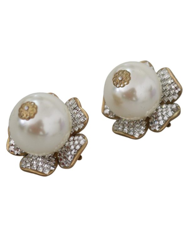 Floral Motif Dolce & Gabbana Earrings with Shimmering Crystals and Faux Pearl One Size Women