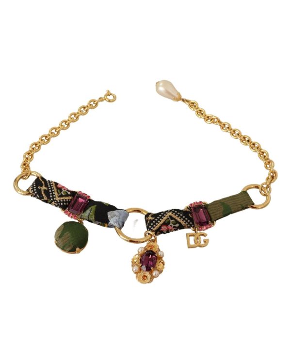 Dolce & Gabbana Charm Necklace with Multicolor Fabric and Crystal Inserts One Size Women