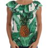 Cap Sleeve Blouse Top with Ruffled Neckline and Sequined Pineapple Embroidery Women – 36 IT