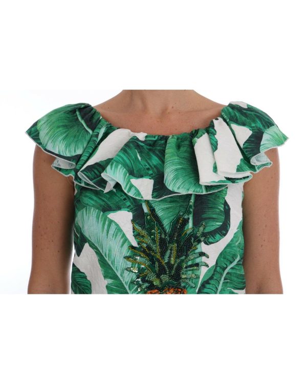 Cap Sleeve Blouse Top with Ruffled Neckline and Sequined Pineapple Embroidery Women – 36 IT