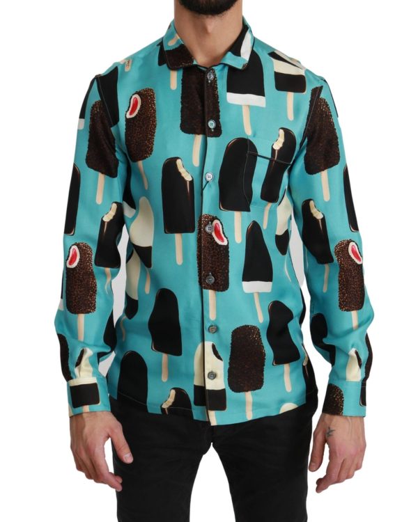 Exclusive Dolce & Gabbana Silk Shirt with Ice Cream Print 37 IT Men