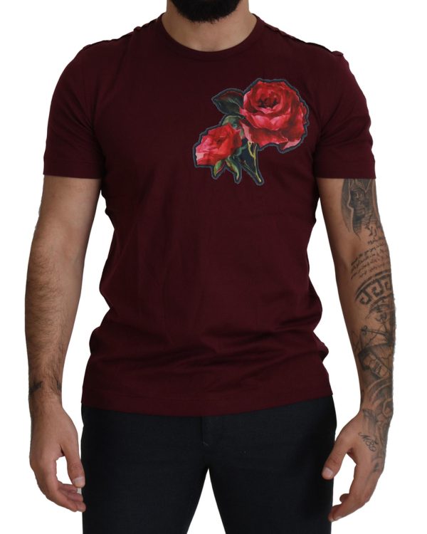 Gorgeous Dolce & Gabbana T-shirt with Bordeaux Roses Motif Print Men – 50 IT