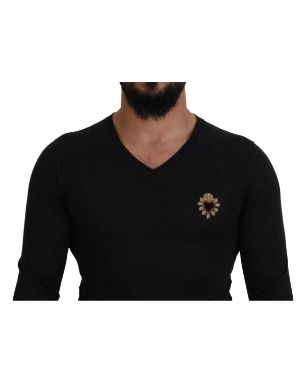 Stunning Dolce & Gabbana V-Neck Sweater with Heart Embroidery 44 IT Men