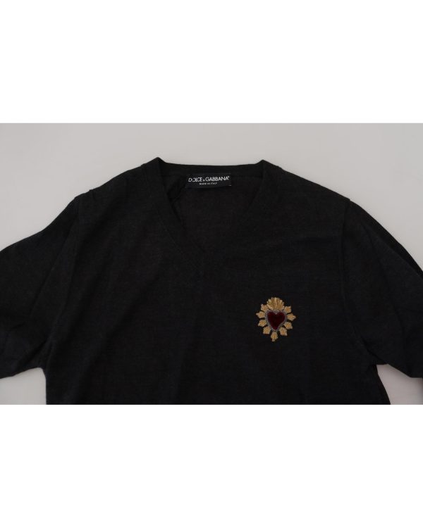 Stunning Dolce & Gabbana V-Neck Sweater with Heart Embroidery 44 IT Men