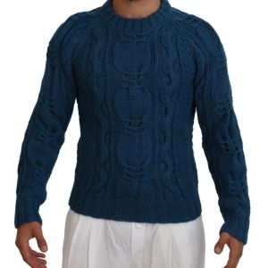 Blue Crewneck Pullover Sweater with Logo Details Men