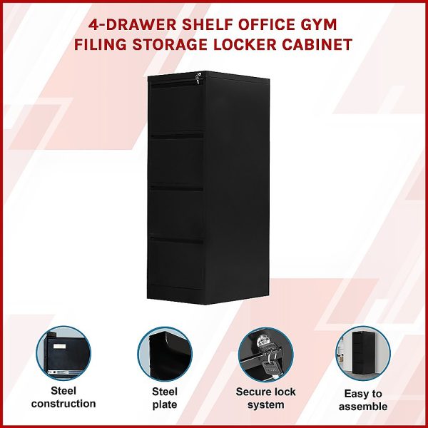 Drawer Shelf Office Gym Filing Storage Locker Cabinet – Black, 4-Drawer