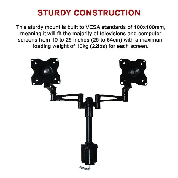 Two-Screen 10-25″ Desk Monitor TV Plasma LED LCD Work Mount