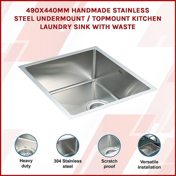 490x440mm Handmade Stainless Steel Undermount / Topmount Kitchen Laundry Sink with Waste