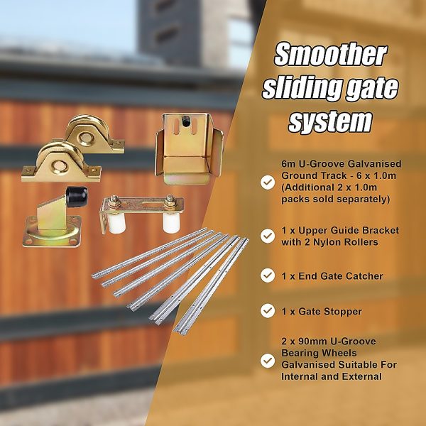 Sliding Gate Hardware Accessories Kit – 6m Track, Wheels, Stopper, Roller Guide